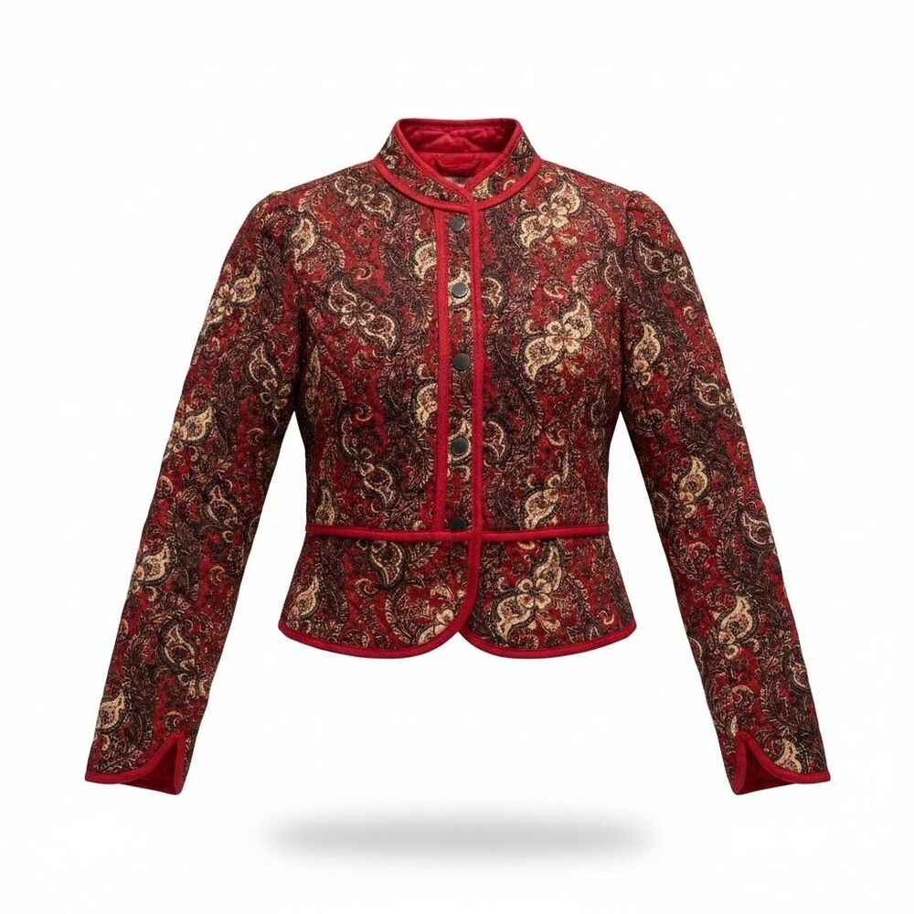 Free People Zoey Jacket Women's S Red Black Paisley Quilted Short Slim